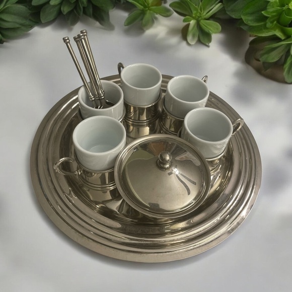 VINTAGE 17 PC. GOLD/SILVER DEMITASSE ESPRESSO SET TRAY, PORCELAIN CUPS & SPOONS - Picture 1 of 15